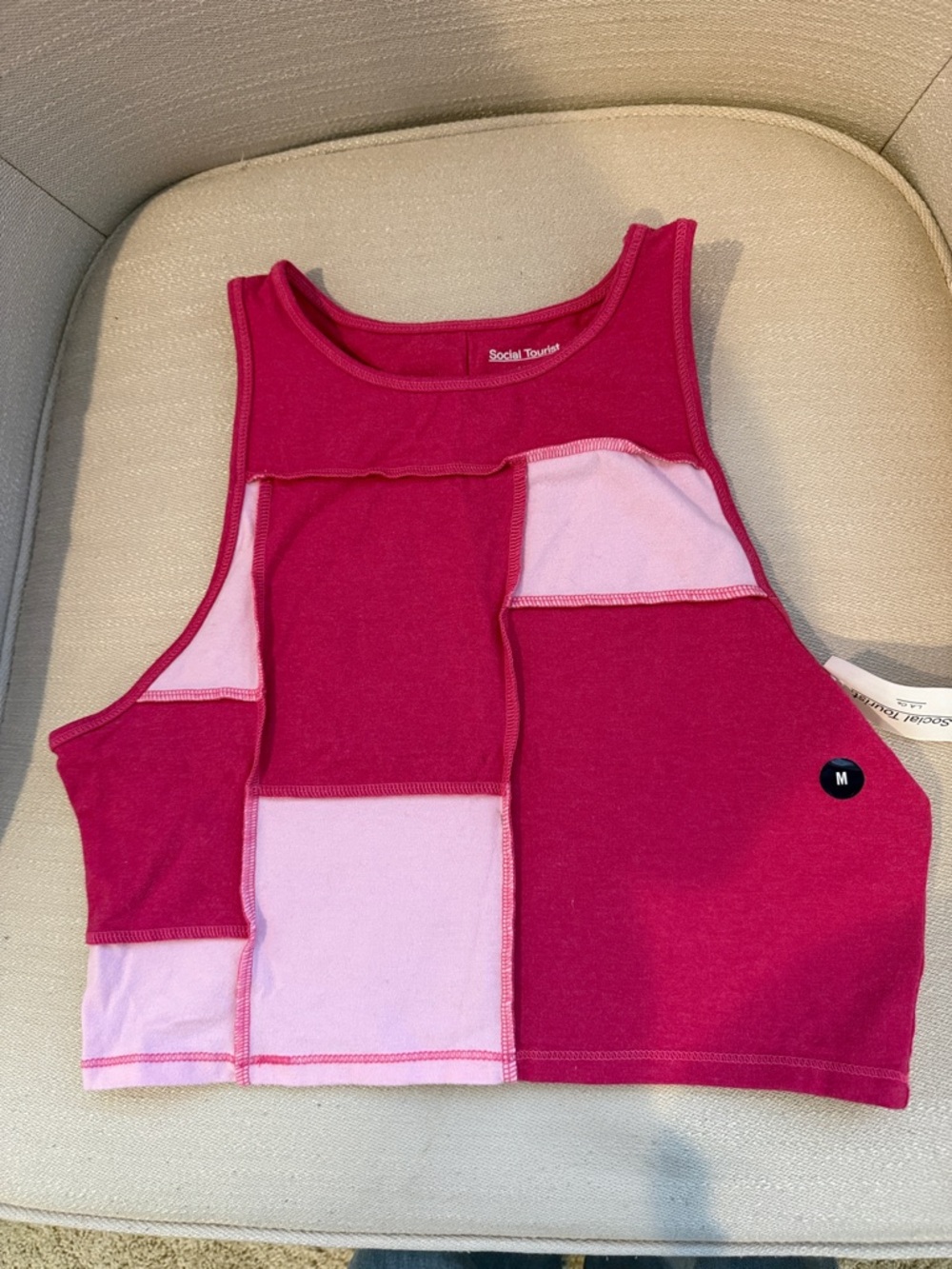 Social Tourist Pink Patchwork Crop Tank Top
